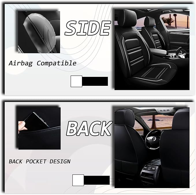 PACKMACH Seat Covers for Hyundai Car Elantra 2001-2025 | 5-Seats Leather Seat Covers, Easy to Install Automotive Seat Covers Full Set (Full Set, Black&White Line)
