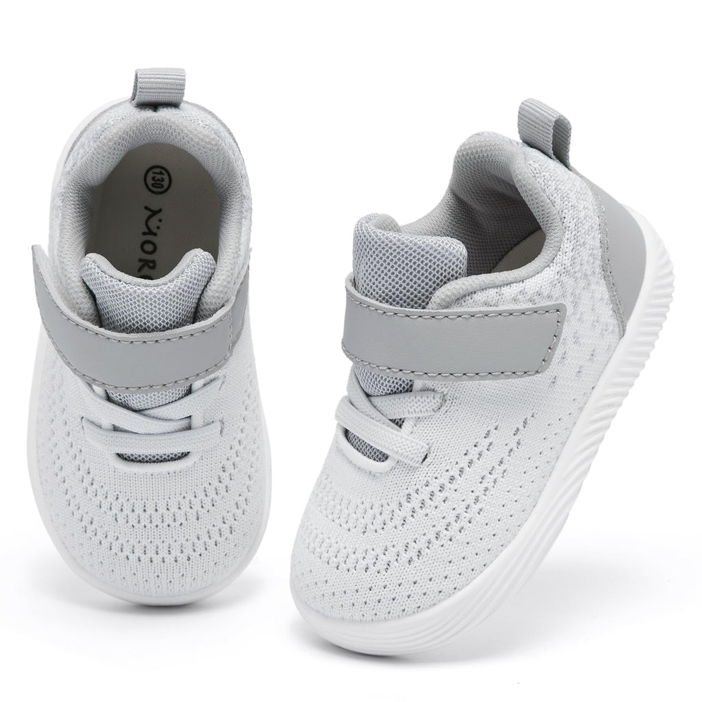MORENDL Toddler Sneakers Baby Boys & Girls Barefoot Shoes Lightweight Breathable Walking Running Tennis Athletic Sport Shoes White Gray 18-24 Months Size 6.5