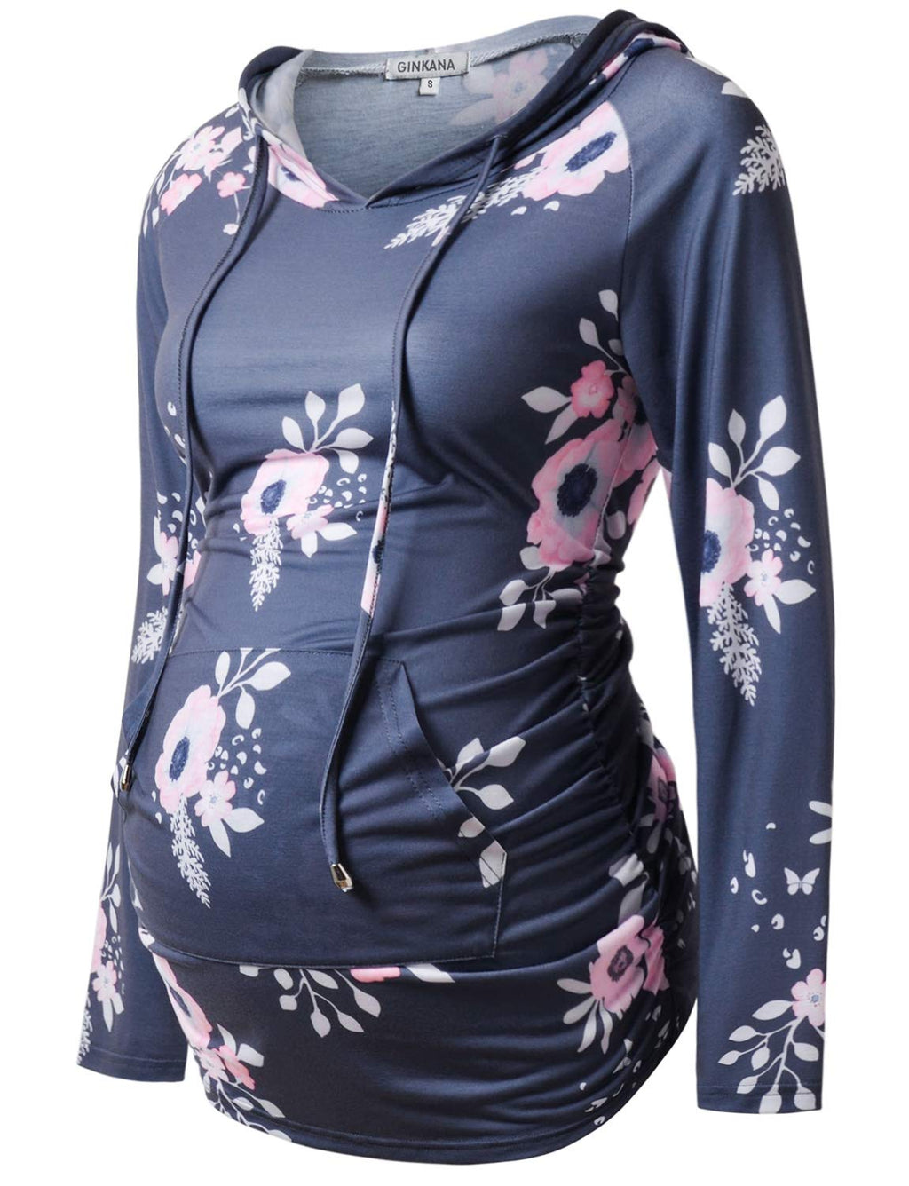 Women's Maternity Hoodie Sweatshirt Long Sleeves Maternity Tops Casual Clothes,Blue with Pink Flower,Small