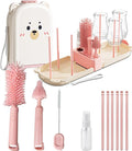 Pink Travel Baby Bottle Cleaner Kit – 6-in-1 Portable Brush Set with Drying Rack & Storage Case | Baby Travel Essentials for Flying, Newborn Bottle Cleaning & Breast Pump Parts On-The-Go