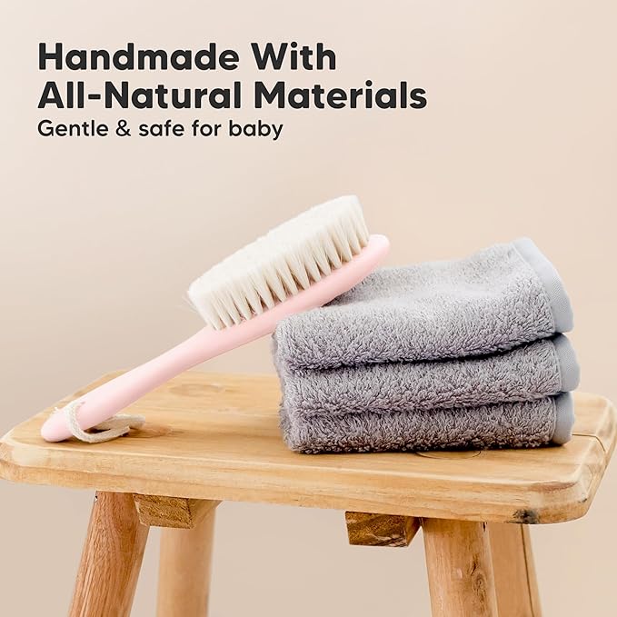 Wooden Baby Hair Brush - Cradle Cap Baby Brush with Soft Goat Bristles, Perfect Gentle Scalp Newborn Comb for Infant, Girls, Boys, Bath Essentials (Blush, Oval)