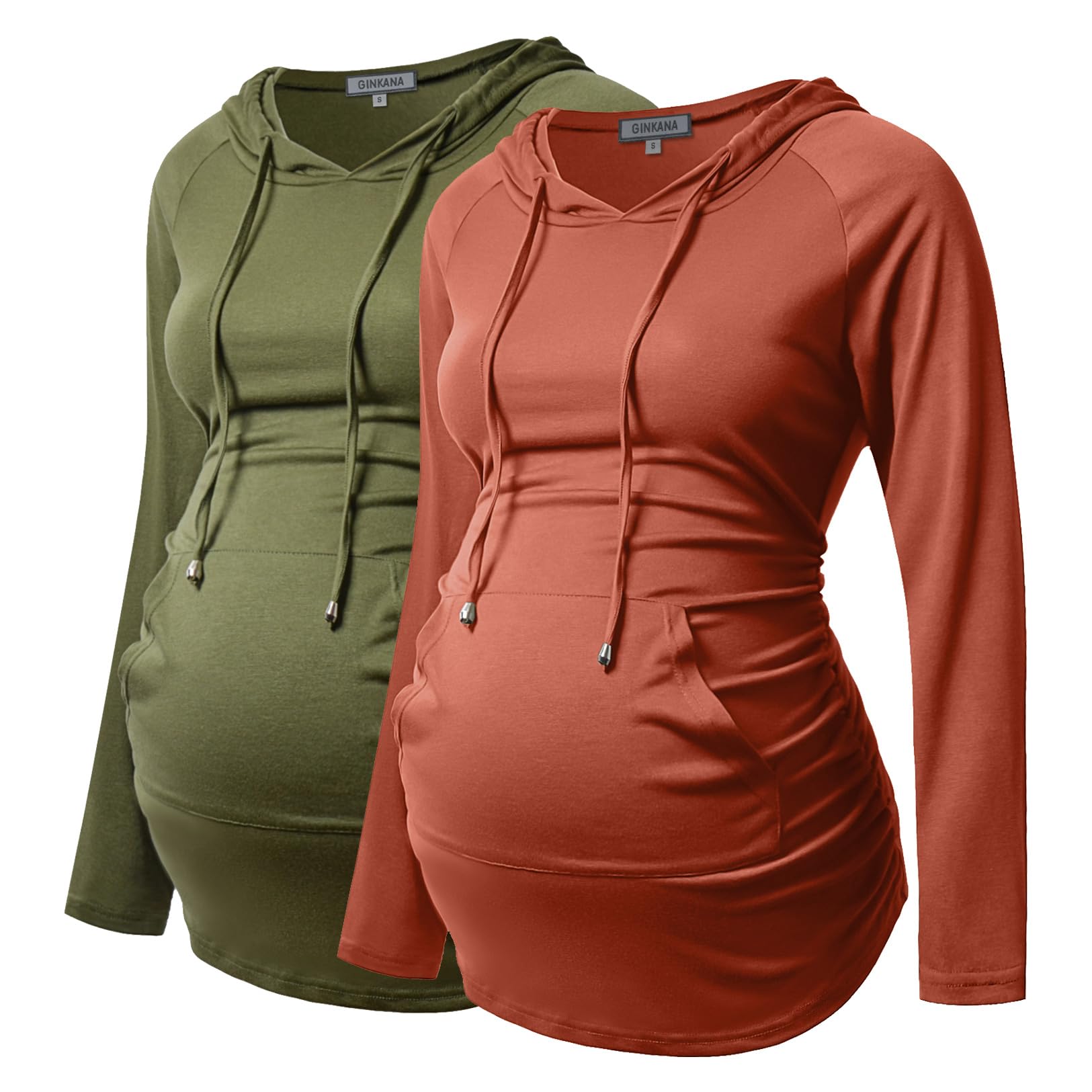 GINKANA Maternity Hoodie Shirt Pullover Long Sleeve with Pocket Ruched Nursing Wear,Olive Green+Caramel,S