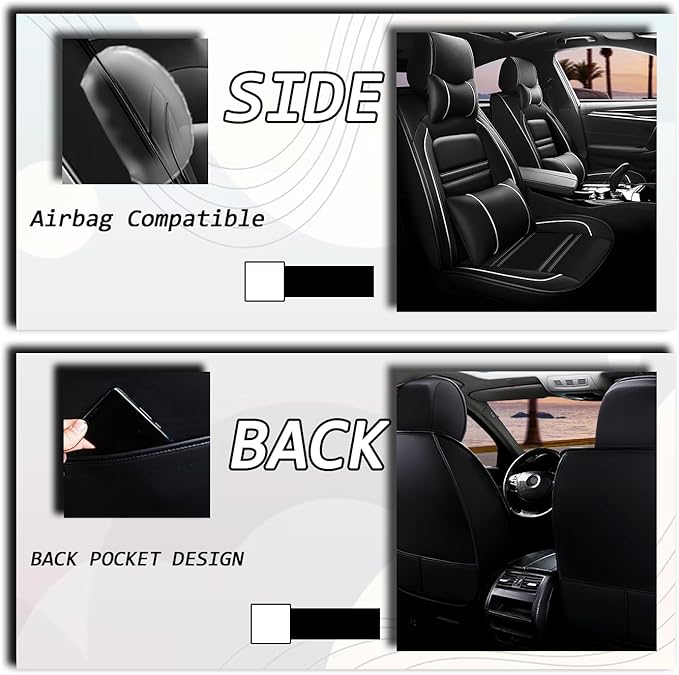 PACKMACH Car Seat Covers for Ford Transit 2014-2024 | 5-Seats Seat Covers, Waterproof Seat Protectors, Automotive Seat Covers (Full Set with Pillow,Black&White Line)