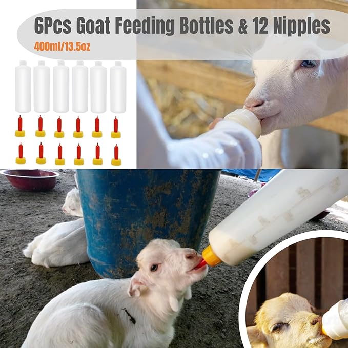 6Pcs Goat Feeding Bottles 400 ml/13.5 oz and 12 Nipples, Lamb and Kid Bottle, Livestock Baby Bottle for Sheep,Lamb,Calf and Other Mammal Feeding Bottles