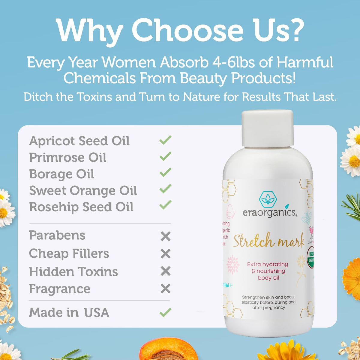 USDA Organic Stretch Mark Oil for Pregnancy - Ultra Moisturizing Belly Oil