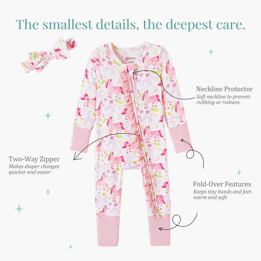 PATPAT Baby Girl Infant Clothes Footie – Soft Viscose from Bamboo, Stretch Feel – 2-Way Ruffled Zipper, Fold-Over Mittens & Cuffs Pink Unicorn 0-3 Months