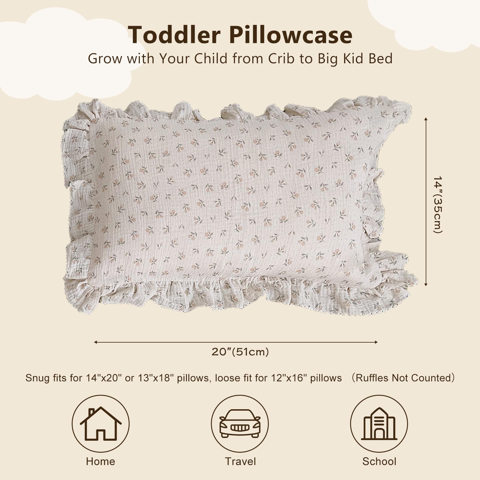 BuLuTu Cotton Muslin Kids Toddler Pillowcase Sprout Pattern, Shabby Chic Nursery Pillow Cover with Ruffle Edge, Soft Durable Travel Pillow Case for Boys Girls Bedding Decor, 14"x20",Machine Wash