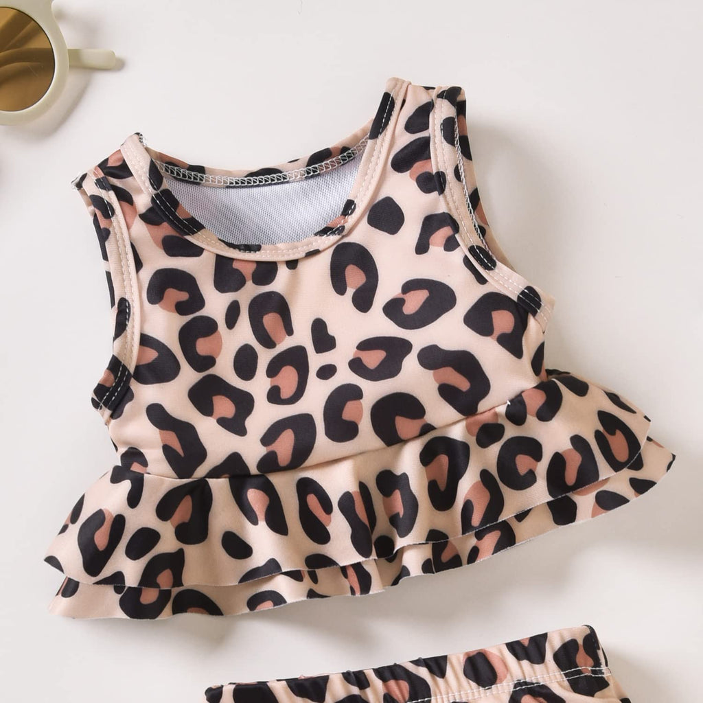 Toddler Little Girls Swimsuit Two Piece Cheetah Ruffle Bathing Suit Bikini Tops Bottoms Swimming Suit Swimwear Beach Wear Leopard Khaki 4T - 5T