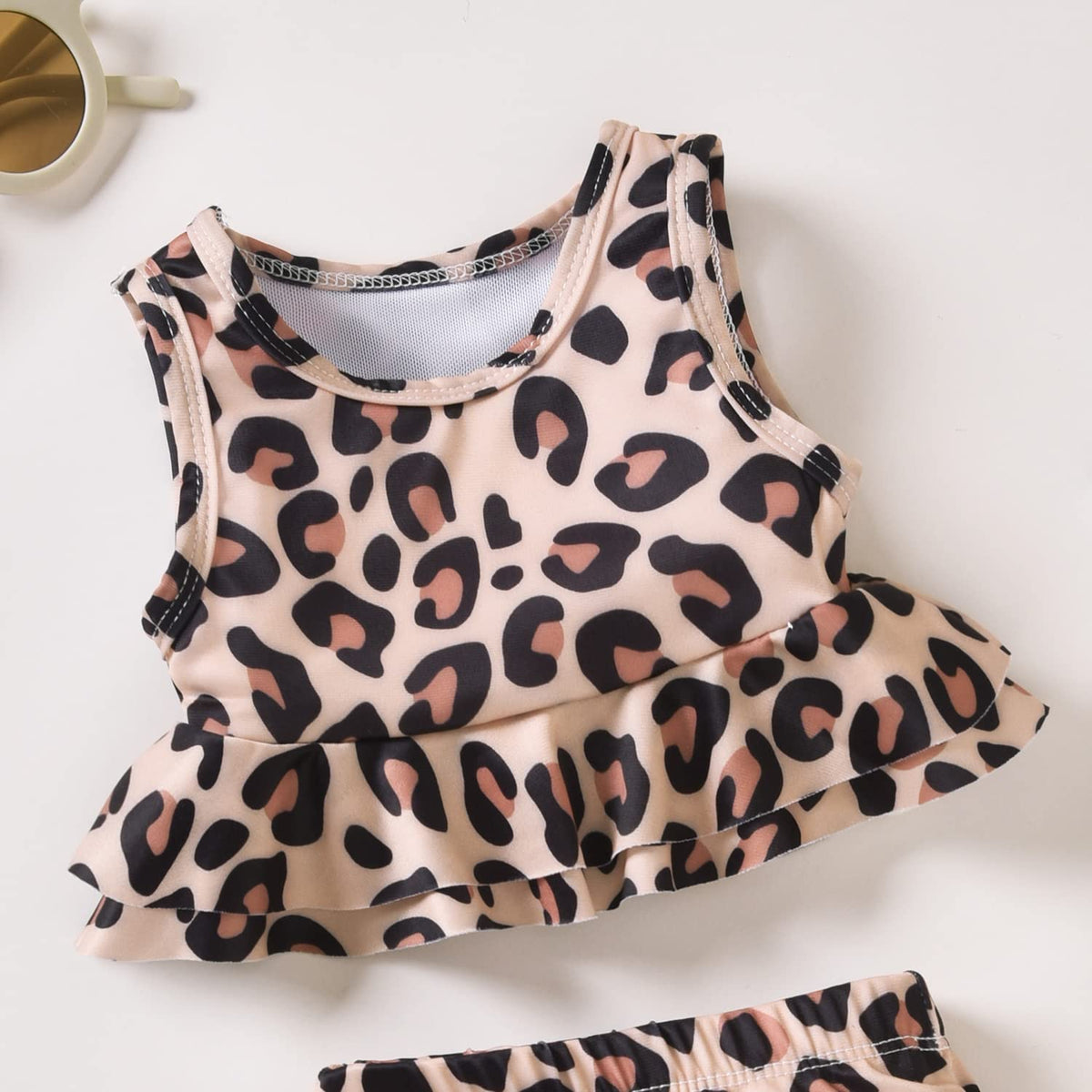 Toddler Little Girls Swimsuit Two Piece Cheetah Ruffle Bathing Suit Bikini Tops Bottoms Swimming Suit Swimwear Beach Wear Leopard Khaki 4T - 5T