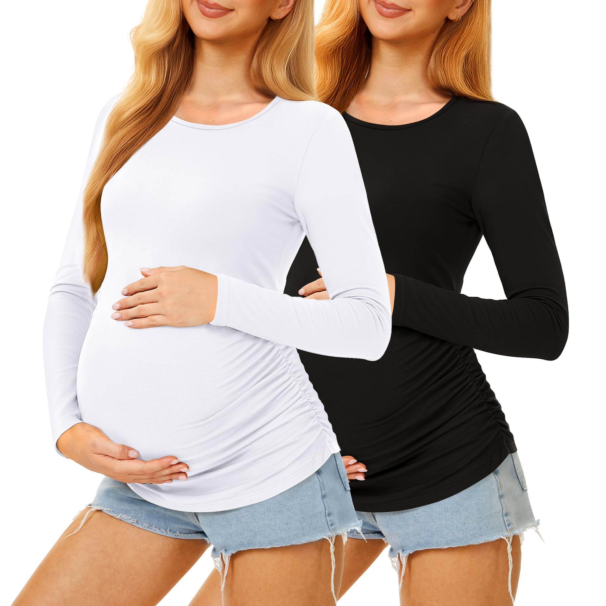 MIRAZEN 2 Pack Maternity Shirts Long Sleeve Crew Neck, Black/White, L