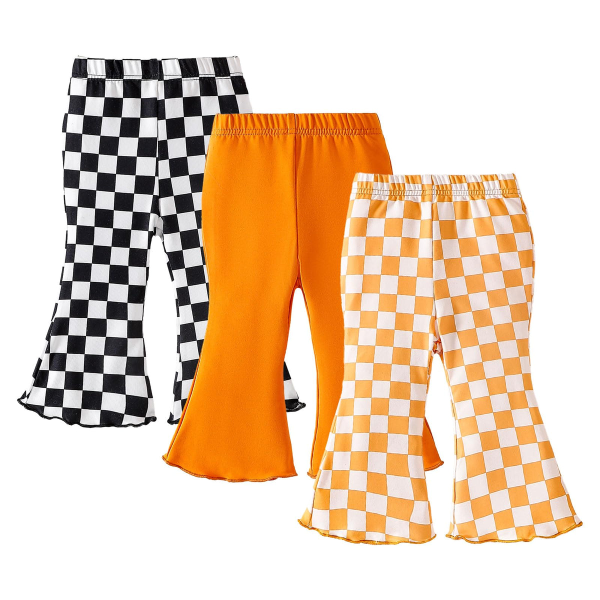 SOBOWO Checkered Baby Girl Flare Pants 3 Pack Toddler Bell Bottoms Plaid Ruffle Leggings Pants Fall Winter Outfits Size 6M-4T(12-18 Months, Black&White Plaid/Black/Black&Pink Plaid)