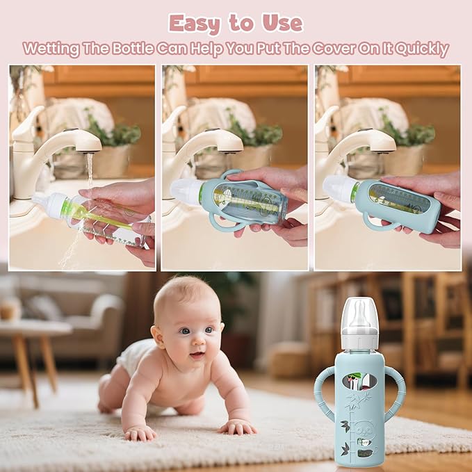 3 PCS Dr Brown Glass Bottles Silicone Sleeves, Compatible with Dr Browns Glass Bottles 8 oz, Anti-Drop Dr Brown Baby Bottles Sleeves with Handles, Heat-Insulating and Easy to Clean