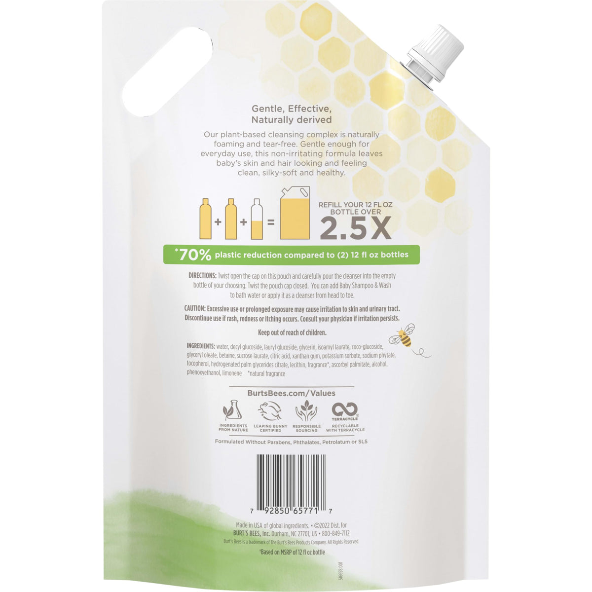 Burt's Bees Baby Shampoo and Baby Wash Refill, Original, Plant-Based Formula, Tear-Free, Pediatrician-Tested, Natural Origin, Gently Cleans Sensitive Skin and Hair, 33.8 Fl Oz