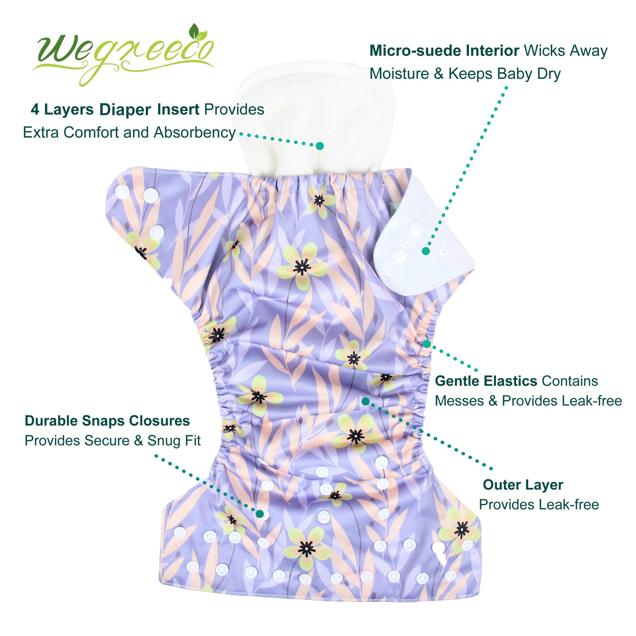 wegreeco Cloth Diapers 6 Pack with 6 Inserts & 1 Wet Bag, Washable Cloth Diapers for Babies, One Size Adjustable Reusable (Leaves, Animals)