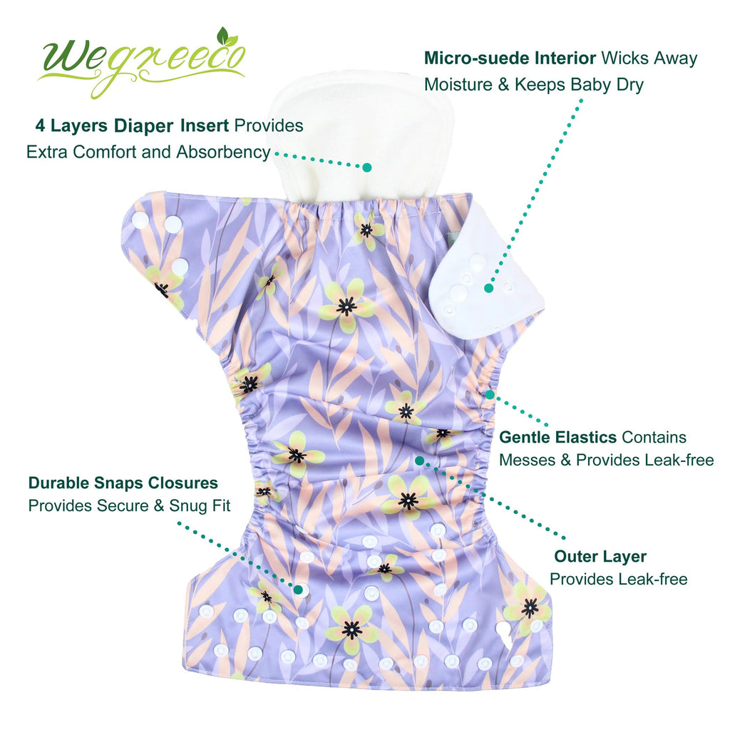 wegreeco Cloth Diapers 6 Pack with 6 Inserts & 1 Wet Bag, Washable Cloth Diapers for Babies, One Size Adjustable Reusable (Leaves, Animals)