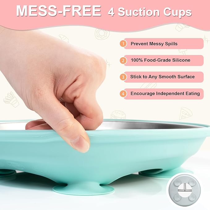 Bella's Friends Stainless Steel Toddler Plates Silicone Suction,3 Packs Non-Slip Baby Plates,Divided Portion,Food-Grade Silicone Plate for Kids,LEAD-FREE Dishwasher Safe, Green Blue Gray