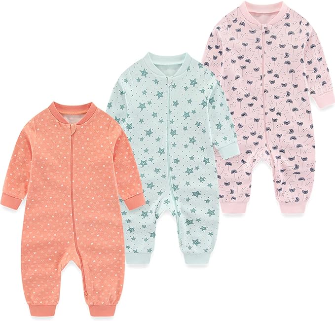 Newborn Baby 2-way Zipper Romper Cotton One-piece Jumsuit 3-pack, 0-24 Months