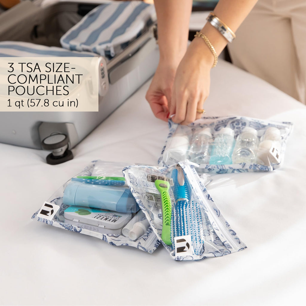 Bumkins Roamio Wet Bag and 3-Pack Clear-Sided Travel Pouches, Waterproof Fabric Organizer for Toiletries, Gym Clothes, Swim Gear, Shoes, Accessories, TSA Compliant Packing Set, Blue Shells 4-pc Set