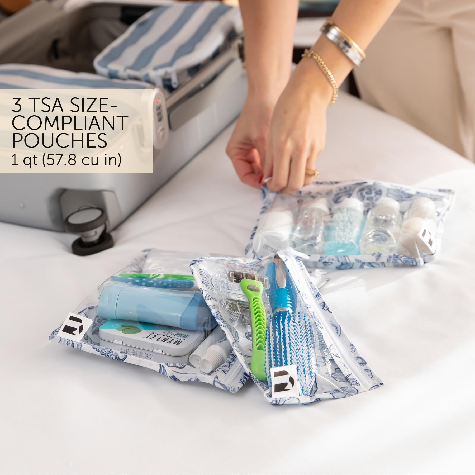 Bumkins Roamio Wet Bag and 3-Pack Clear-Sided Travel Pouches, Waterproof Fabric Organizer for Toiletries, Gym Clothes, Swim Gear, Shoes, Accessories, TSA Compliant Packing Set, Blue Shells 4-pc Set