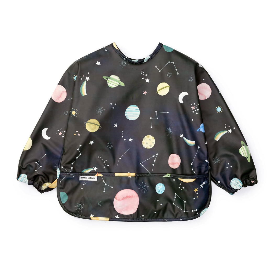 Loulou Lollipop Long Sleeve Bib for Babies & Toddlers – Waterproof, Wipeable, Easy to Clean, Spill Proof Full Sleeve Feeding Bib with Adjustable Fit, 6-36 Months Old - Planets