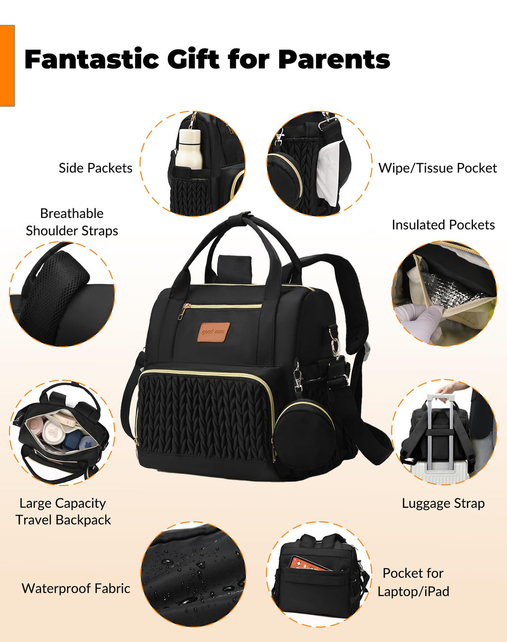 ZCSERTGI Backpack Diaper Bag,Stylish Waterproof Baby Diaper Bags with Changing Pad,Insulated Pockets,Multi-Function Travel Diaper Backpacks,Gift for New Parents,Black