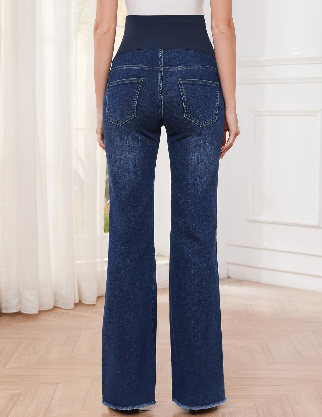 GLAMIX Women's Stretch Maternity Bootcut Jeans with Pockets Over The Belly Bell Bottoms Flare Denim Pants Pregnancy Clothes(Vintage Blue (Frayed Hem), XL)