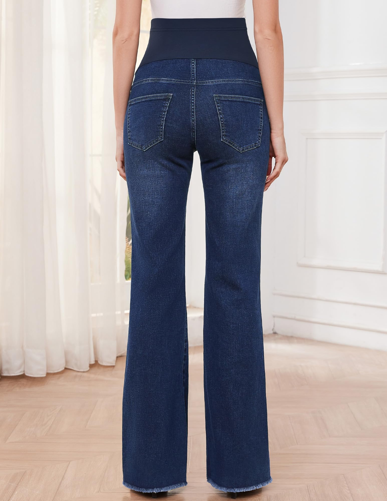 GLAMIX Women's Stretch Maternity Bootcut Jeans with Pockets Over The Belly Bell Bottoms Flare Denim Pants Pregnancy Clothes(Vintage Blue (Frayed Hem), XL)