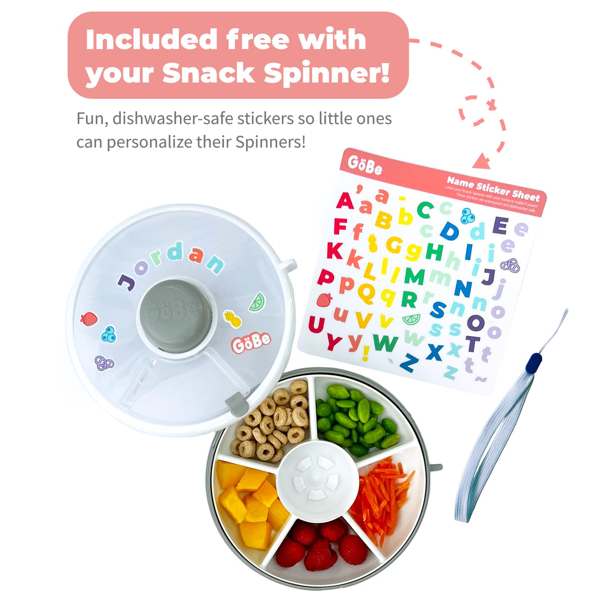 GoBe Kids Small Snack Spinner Slide Bundle with Hand Strap and Sticker Sheet - Reusable Snack Container with 5 Compartment Dispenser and Lid | BPA/PVC Free | Dishwasher Safe | No Spill - Coral Pink