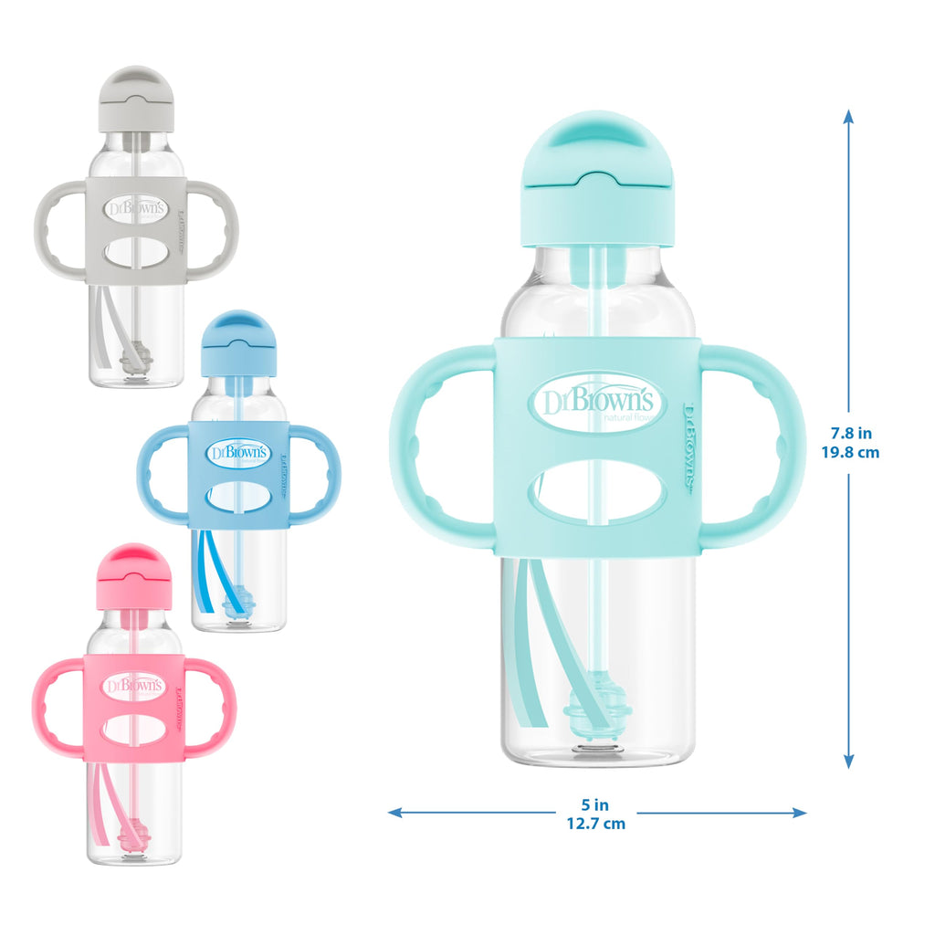 Dr. Brown's Narrow Sippy Straw Bottle with Handles, Gray & Green, 2-Pack