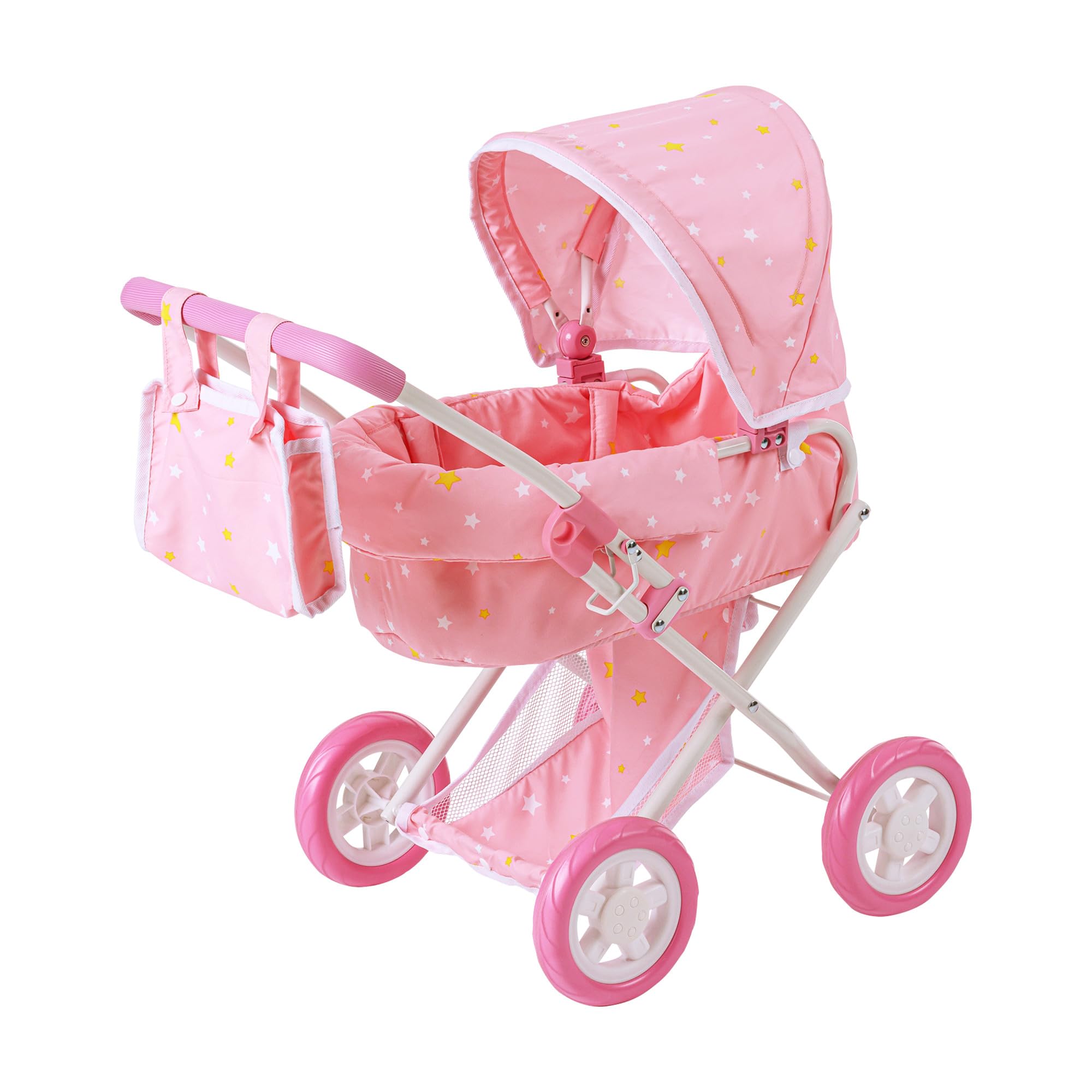 Olivia's Little World - Play Baby Doll Bassinet Stroller, Baby Doll Pram Stroller Buggy for 3 4 5 Year Old Girls, Toy Stroller for Toddlers 1-3, Twinkle Stars Princess Deluxe Toy Stroller - Pink/White