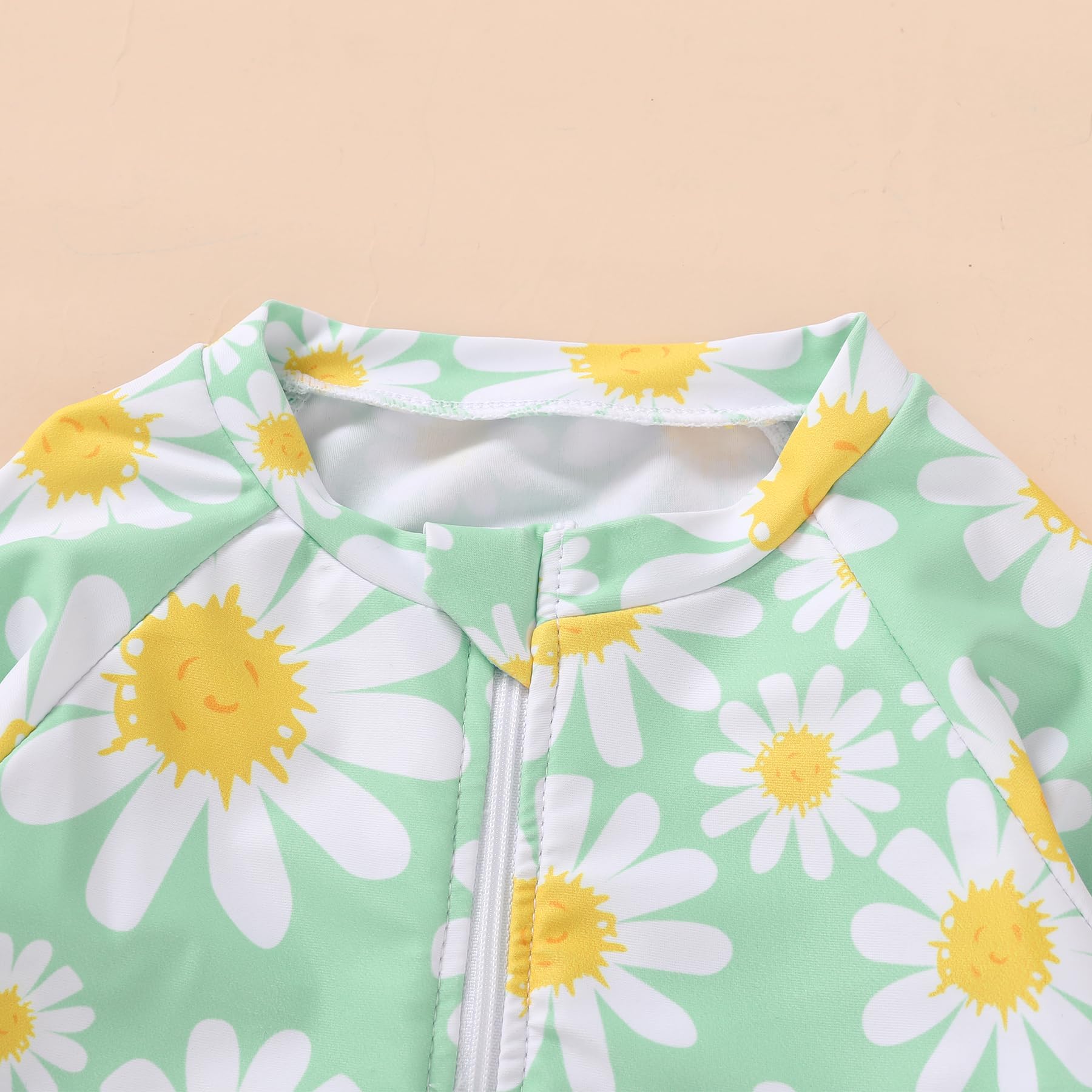 Infant Baby Girl Swimsuit One-Piece Long Sleeve Rash Guard with Hat Set Floral Zipper Bathing Suit Leopard Beach Wear(Green#Daisy, 12-18 Months)