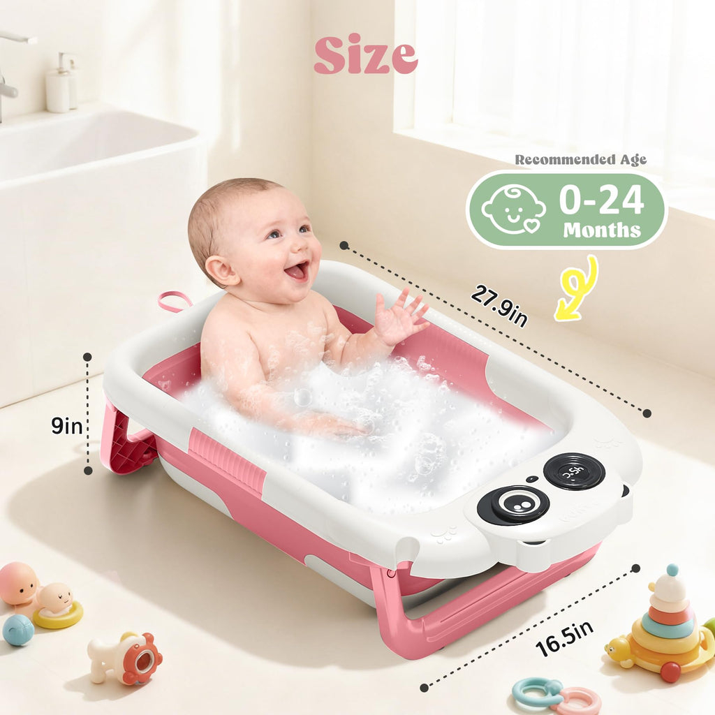 WXXM Foldable Baby Bathtub - 0-24M, Thermometer, Soft Cushion (Pink)