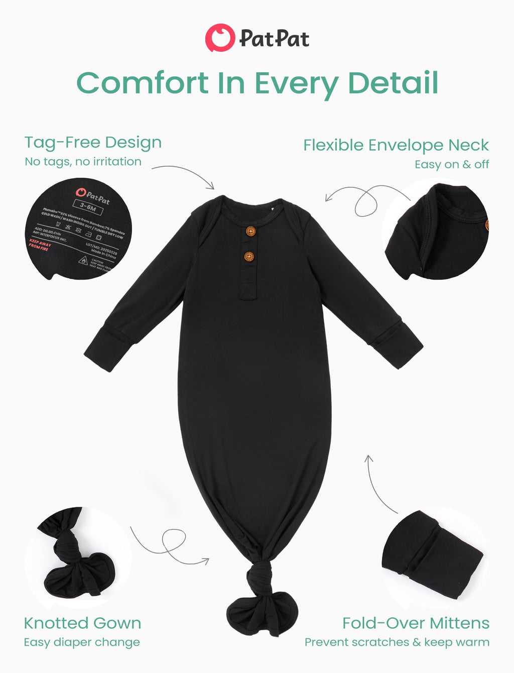 PATPAT Baby Sleeper Gown with Bamboo Viscose for Newborn Girls Boys, Knotted Nightgown with Mittens for Infant Home Coming, Onyx-Hat, 3-6M