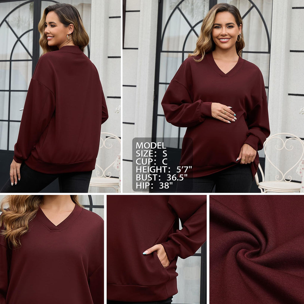 GINKANA Maternity Sweatshirts Basic Long Sleeve Shirts Soft Pregnancy Workout Tunic Pullover Top with Pockets,Burgundy,L
