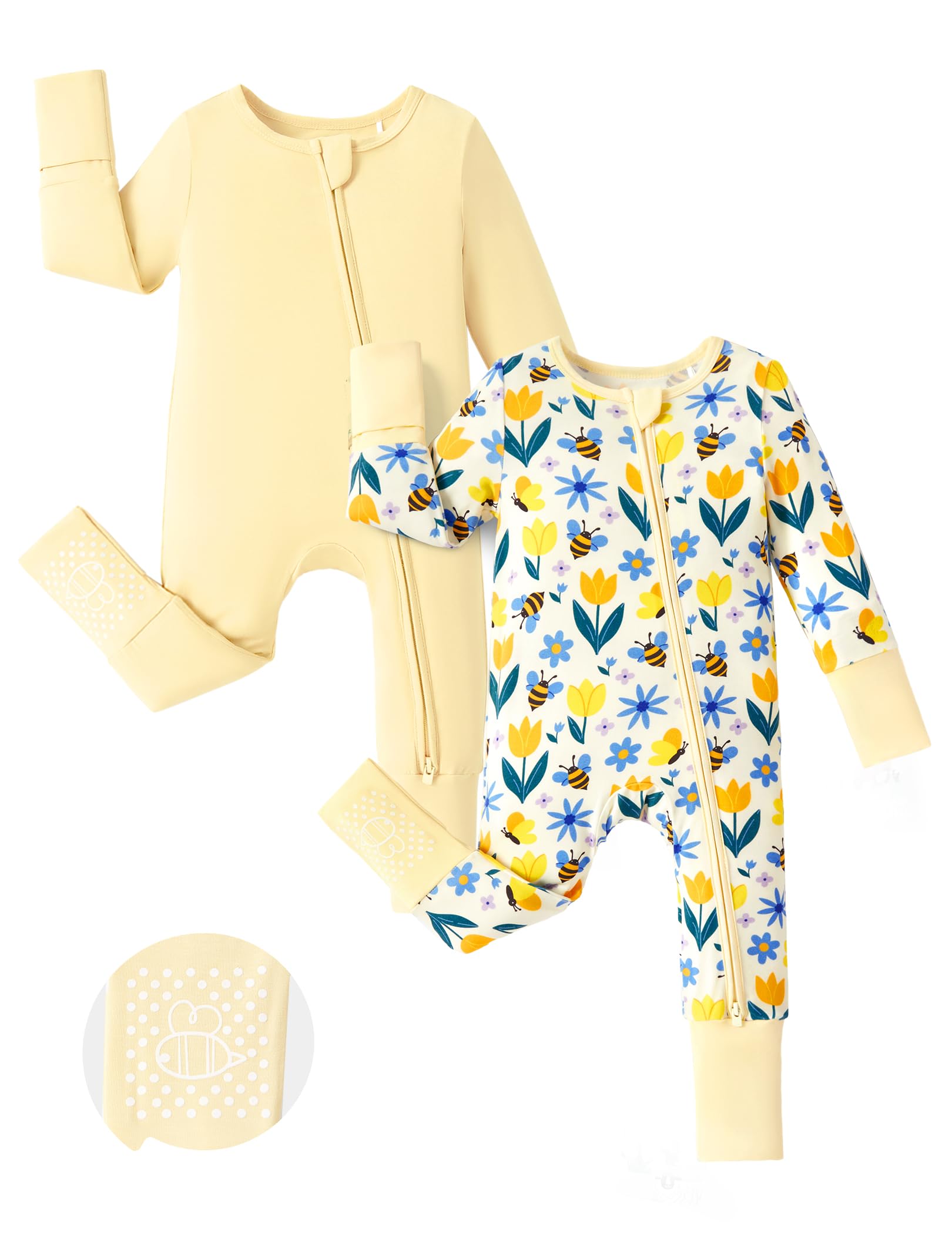 PATPAT 2-Pack Bamboo Viscose Baby Footie, with Anti-Slip Grips Yellow Flower 9-12 Months