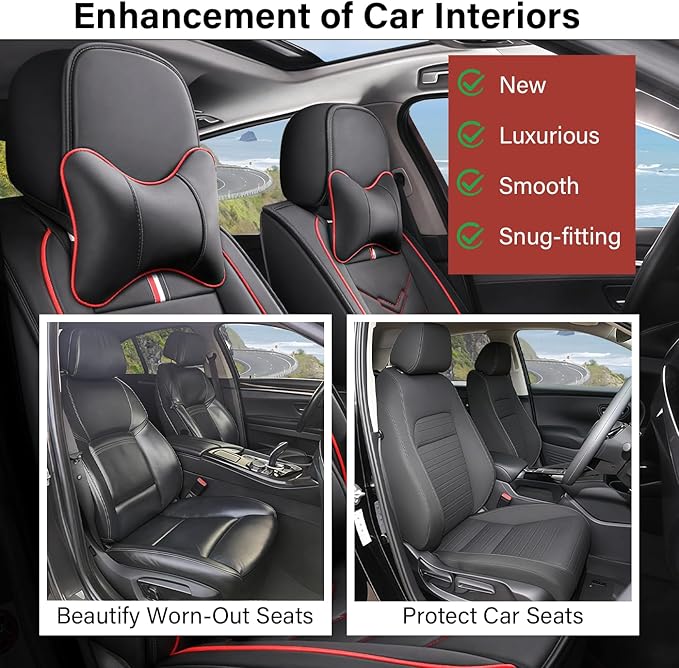 Leather Car Seat Covers Fit for LR Range Rover Sport 2023-2025, 5 Seater Waterproof and Wear-Resistant Seat Cover Interior Accessories(Full Set with Pillow,Black&Red)