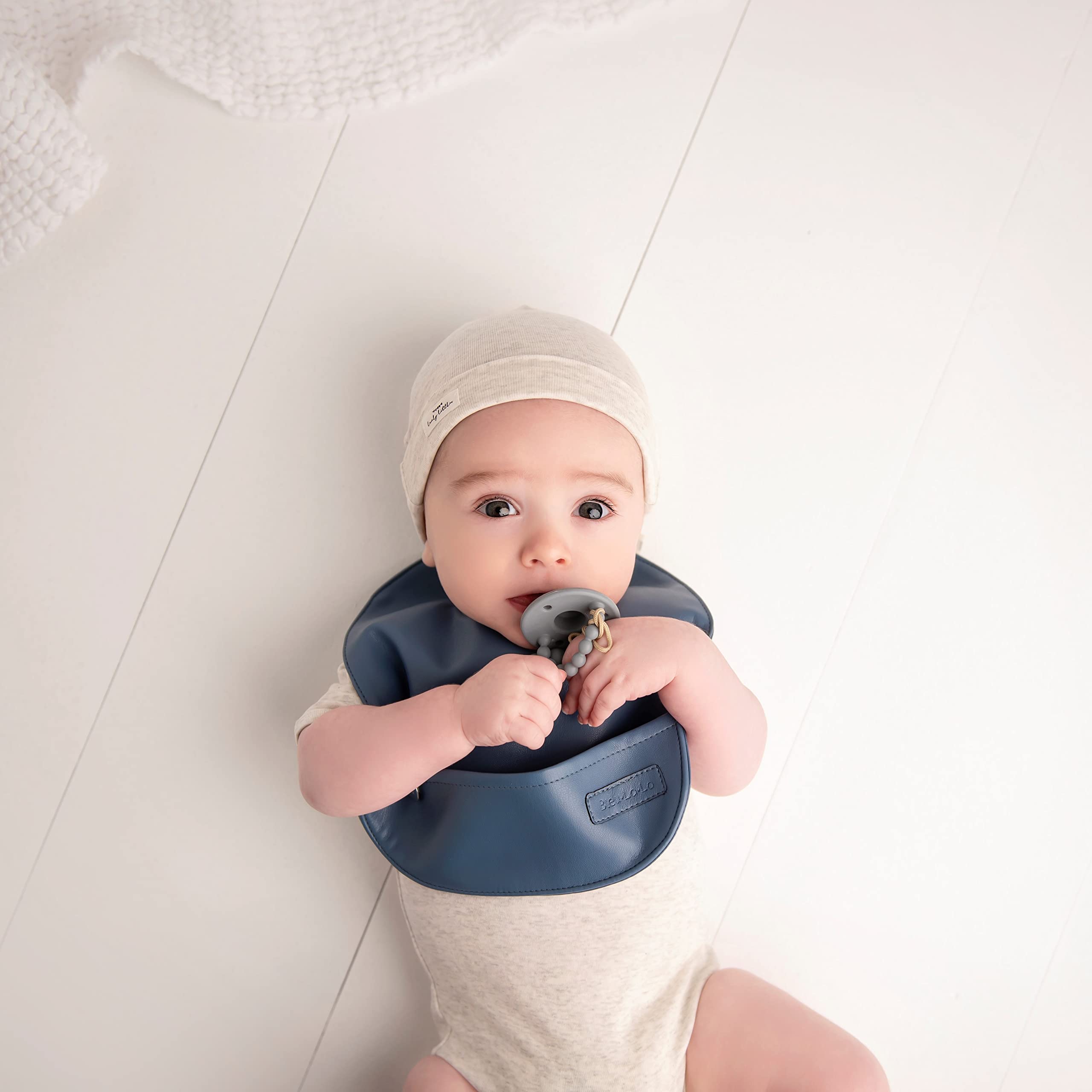 Bleu La La Vegan Leather Easy Clean Baby Bibs with Pocket and Snaps for Infants 0-12 Months (Steel Blue + Grey)