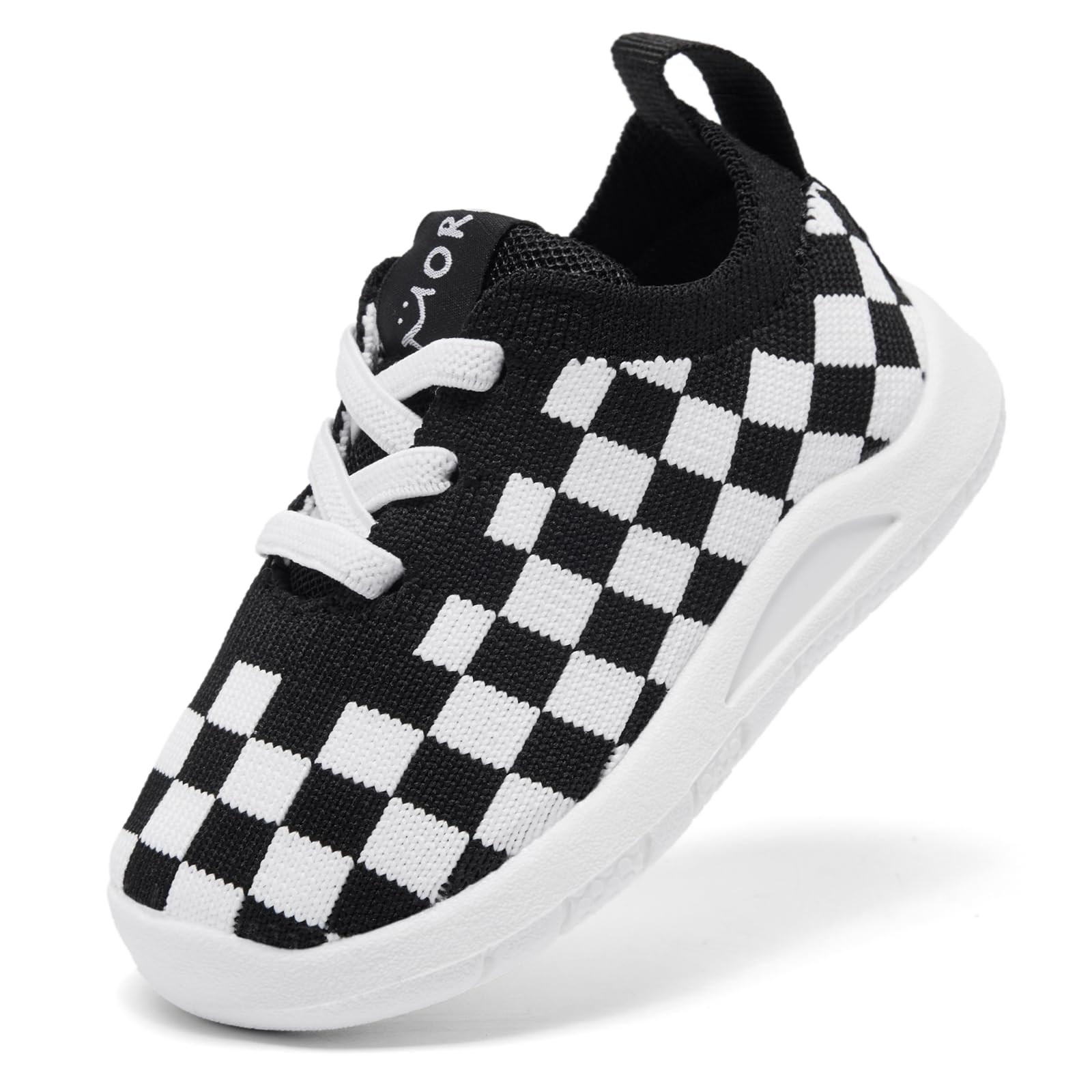 MORENDL Toddler Shoes Baby Walking Sock Shoes Infant Sneakers Boy Girl Barefoot Tennis Shoe Non-Slip Brethable Black Check 15-18 Months