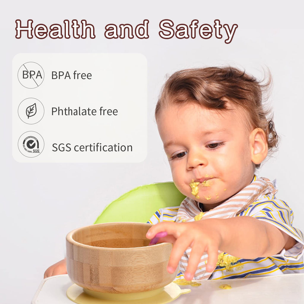 Baby Bamboo Bowls with Suction and Matching Spoon Set,2PC Feeding Supplies Set for Infant, Toddlers,Detachable Silicone Suction Stay Put Base for Wooden Bowl （Mint）