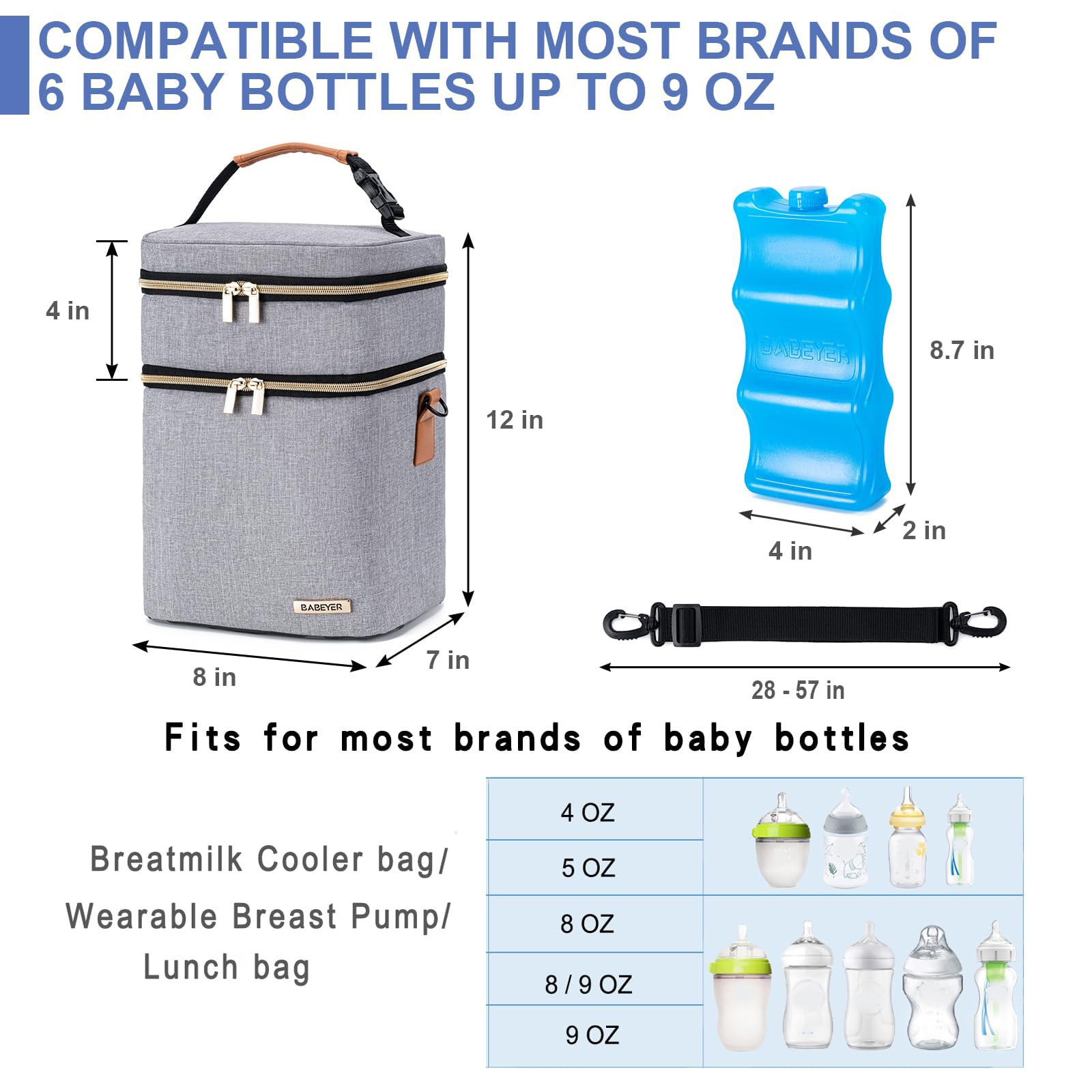 BABEYER Breastmilk Cooler Bag with Ice Pack Fits 6 Baby Bottles Up to 9 Ounce, Double Deck Leak-Proof Baby Bottles Bag with Shoulder Strap for Nursing & Working Mom, Grey