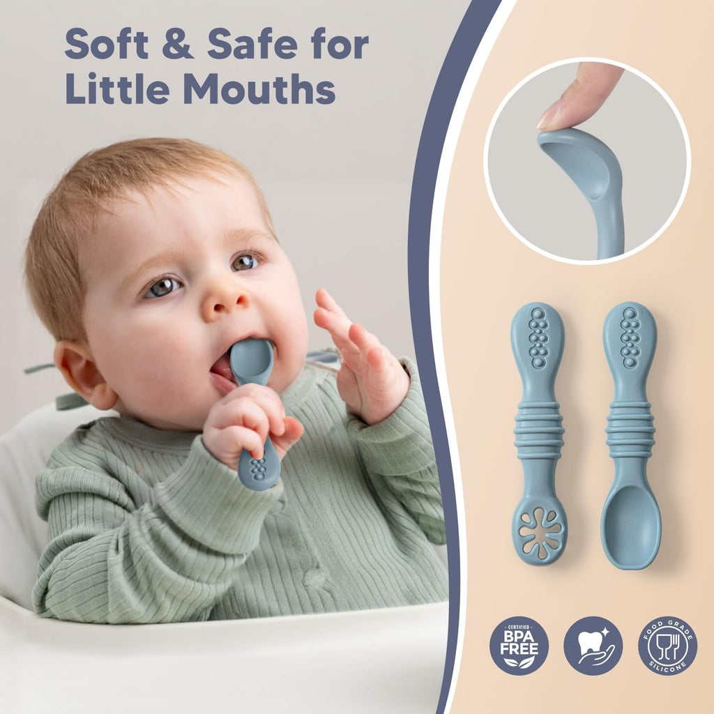 WiLLBEttER 7-Piece Silicone Baby Feeding Set - Divided Suction Plate with 3 Sets of Spoons and Forks, BPA-Free Toddler Plates for Baby-Led Weaning & Self Feeding, Dishwasher & Microwave Safe