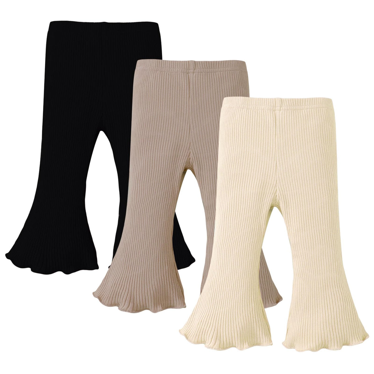 SOBOWO Toddler Baby Girl Flare Pants 3 Pack Solid Ribbed Ruffle Bell Bottoms Pants Fall Outfits(Purple/White/Pink, 18-24 Months)