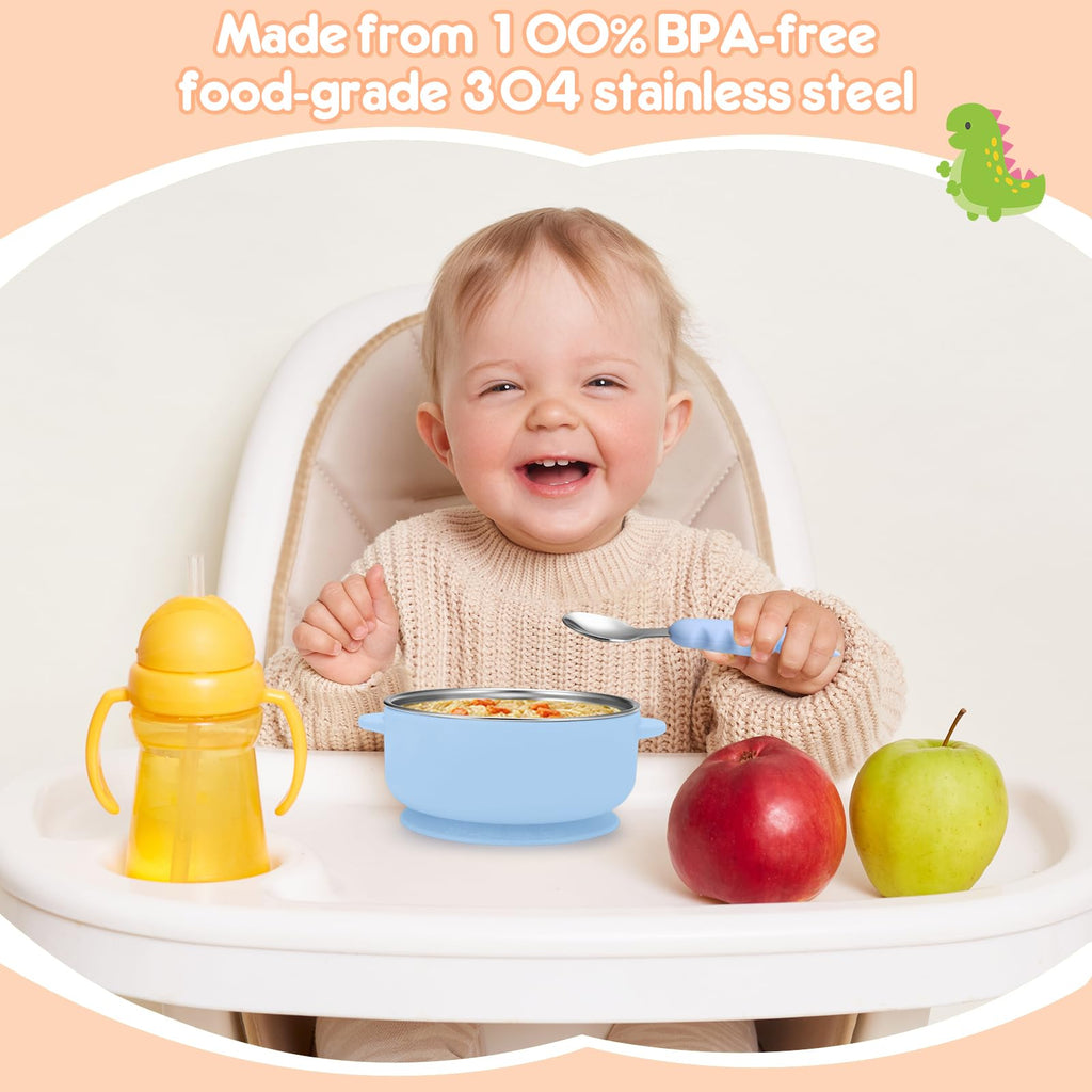 Wesketch 4 Pack Stainless Steel Baby Bowls with Removable Non-Slip Silicone Suction Shell, Anti Scald Food Container for Baby Food Feeding-Skyblue/Gray/Red/Cream