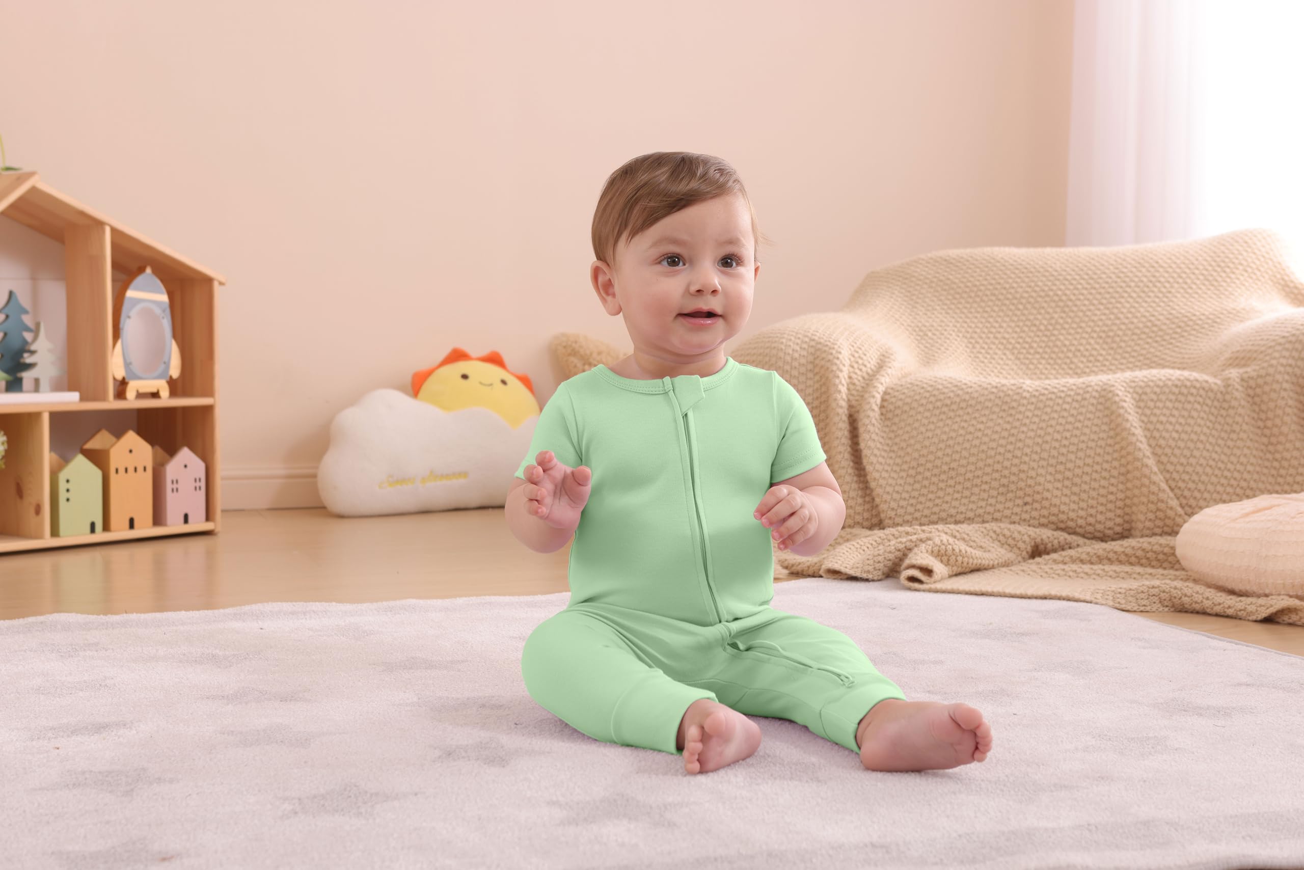 GUISBY Baby Cotton Footless Zipper Pajamas, Bright green+Green Grey, 18-24M