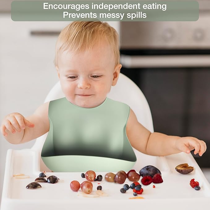 Baby Feeding Set 10-Piece | Baby Led Weaning Utensils Set Includes Suction Bowl and Plate, Baby Spoon and Fork, Sippy Cup, Straw, Lid & 2Bibs | Baby Feeding Supplies (Army Green)