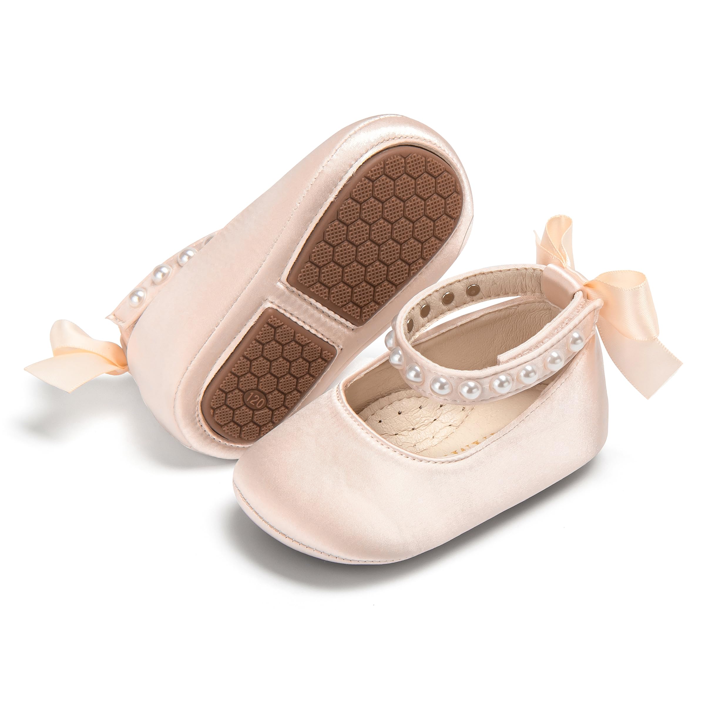 PHIRAMIN Baby Girls Peach Mary Jane Flats - Infant 6-9 Months Walking Shoes Soft Rubber Sole Princess Wedding