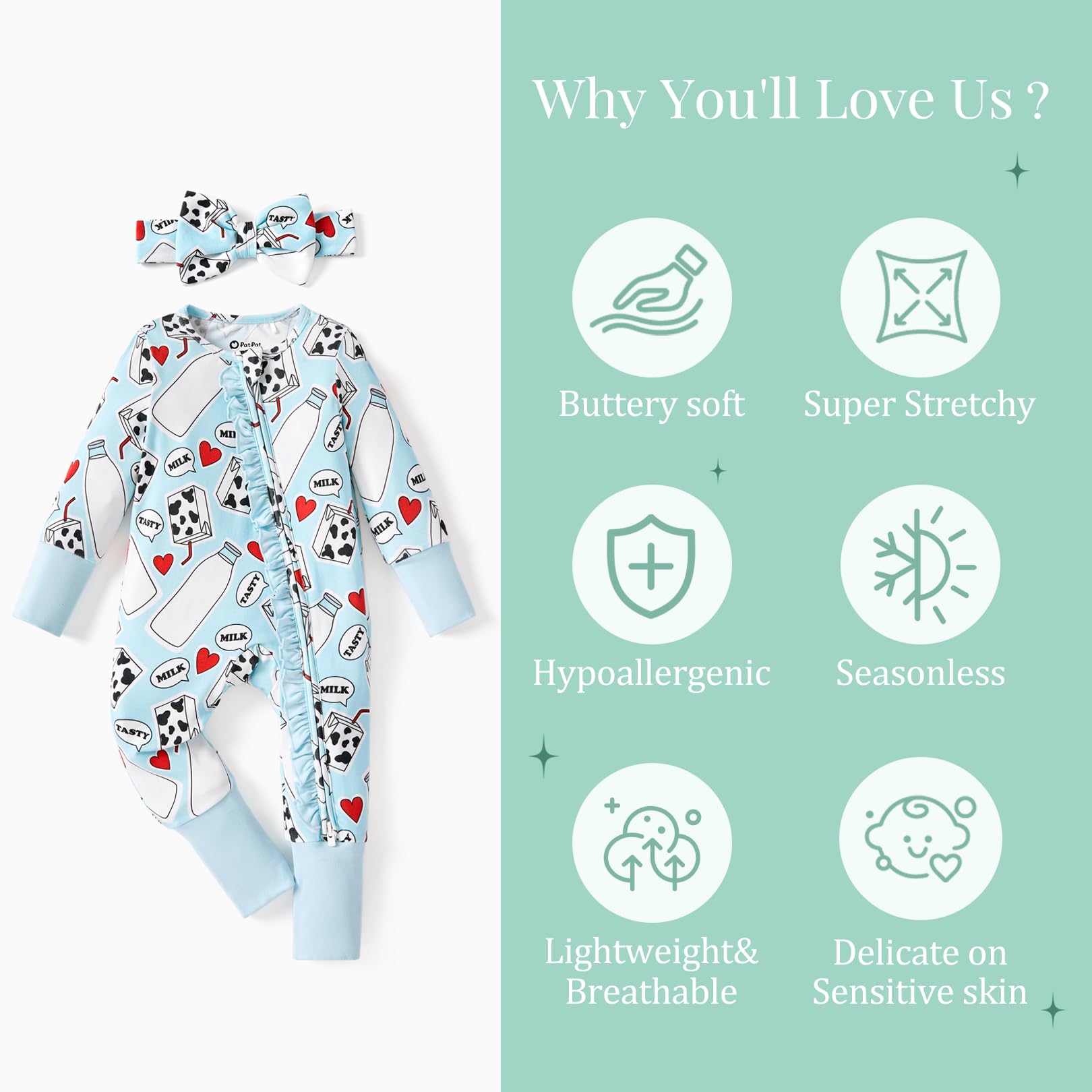 PATPAT Baby Girl Infant Clothes Footie – Soft Viscose from Bamboo, Stretch Feel – 2-Way Ruffled Zipper, Fold-Over Mittens & Cuffs Sweet Milks Newborn