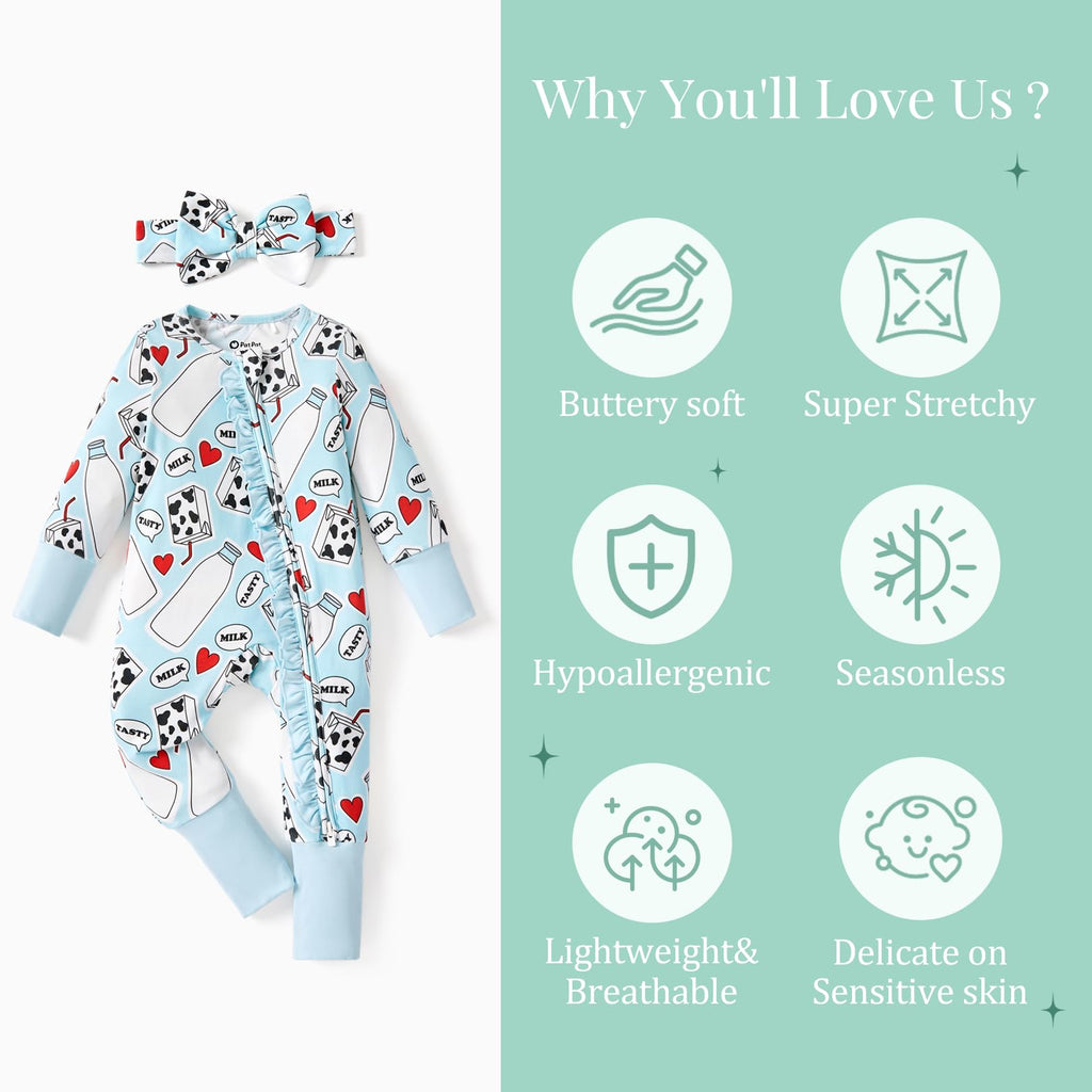 PATPAT Baby Girl Infant Clothes Footie – Soft Viscose from Bamboo, Stretch Feel – 2-Way Ruffled Zipper, Fold-Over Mittens & Cuffs Sweet Milks 9-12 Months