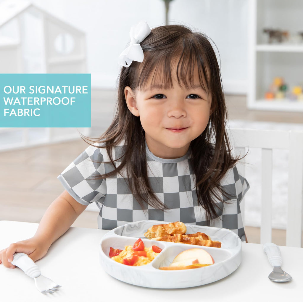 Bumkins Short Sleeve Bib for Girl or Boy, Toddler and Kids for 1-3 Years, Large Size, Essential Must Have for Junior Children, Eating, Mess Saving Soft Fabric Apron for Play, Charcoal Check