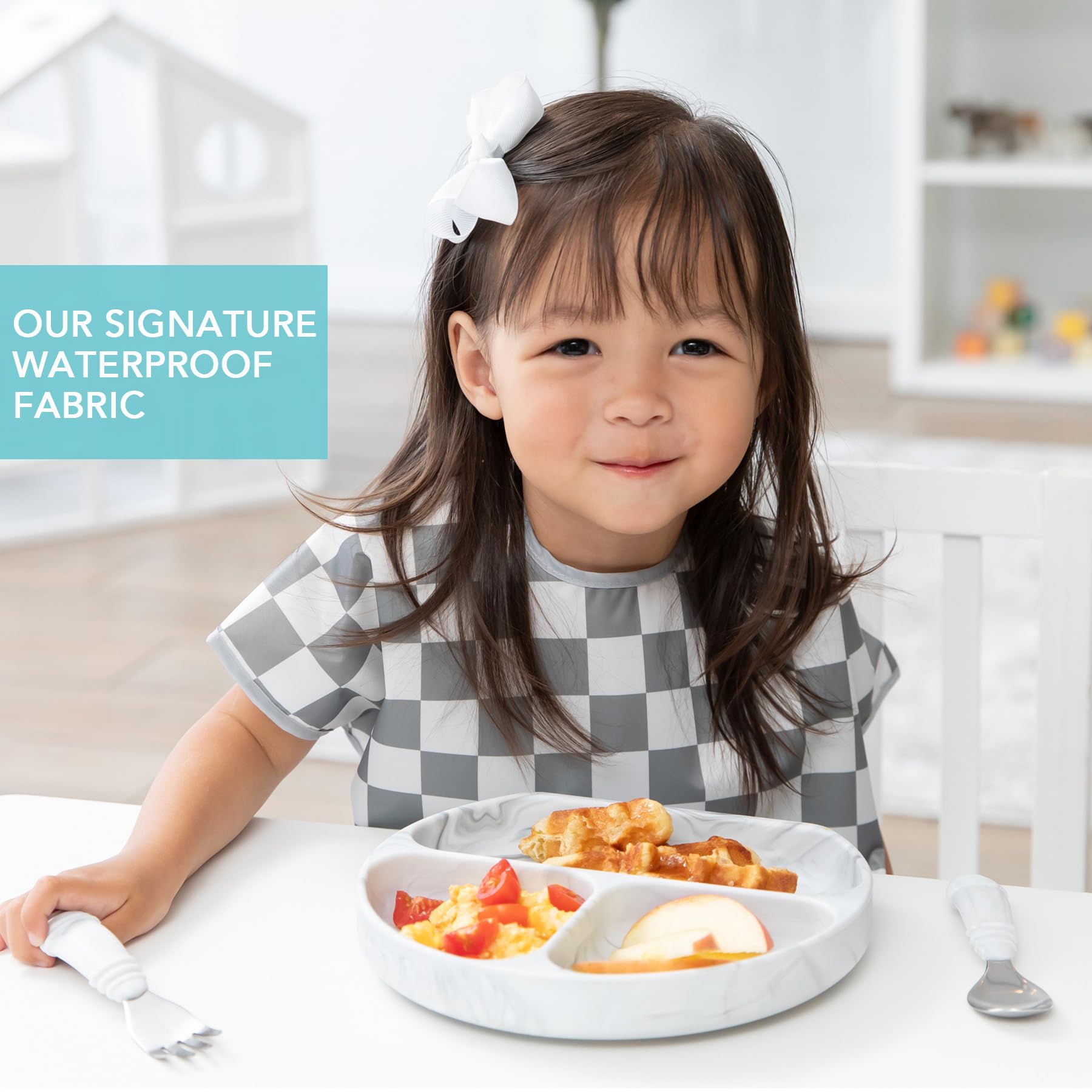 Bumkins Short Sleeve Bib for Girl or Boy, Toddler and Kids for 1-3 Years, Large Size, Essential Must Have for Junior Children, Eating, Mess Saving Soft Fabric Apron for Play, Charcoal Check
